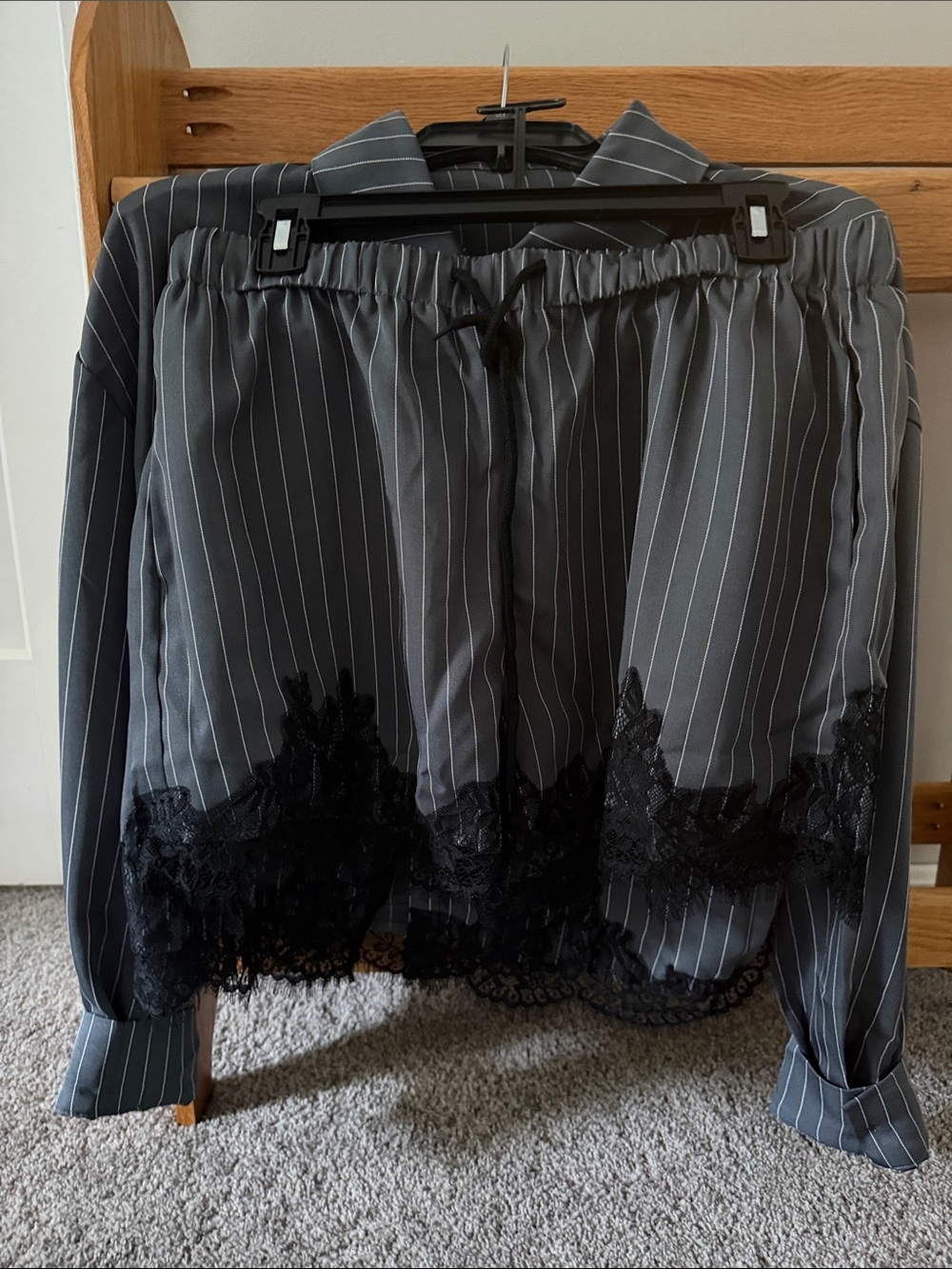 SHEIN Gray Pinstripe Pajama Shorts with Black Lace Trim